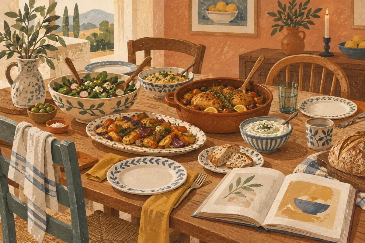 Illustration of homemade dishes and an open cookbook on a table set for friends.