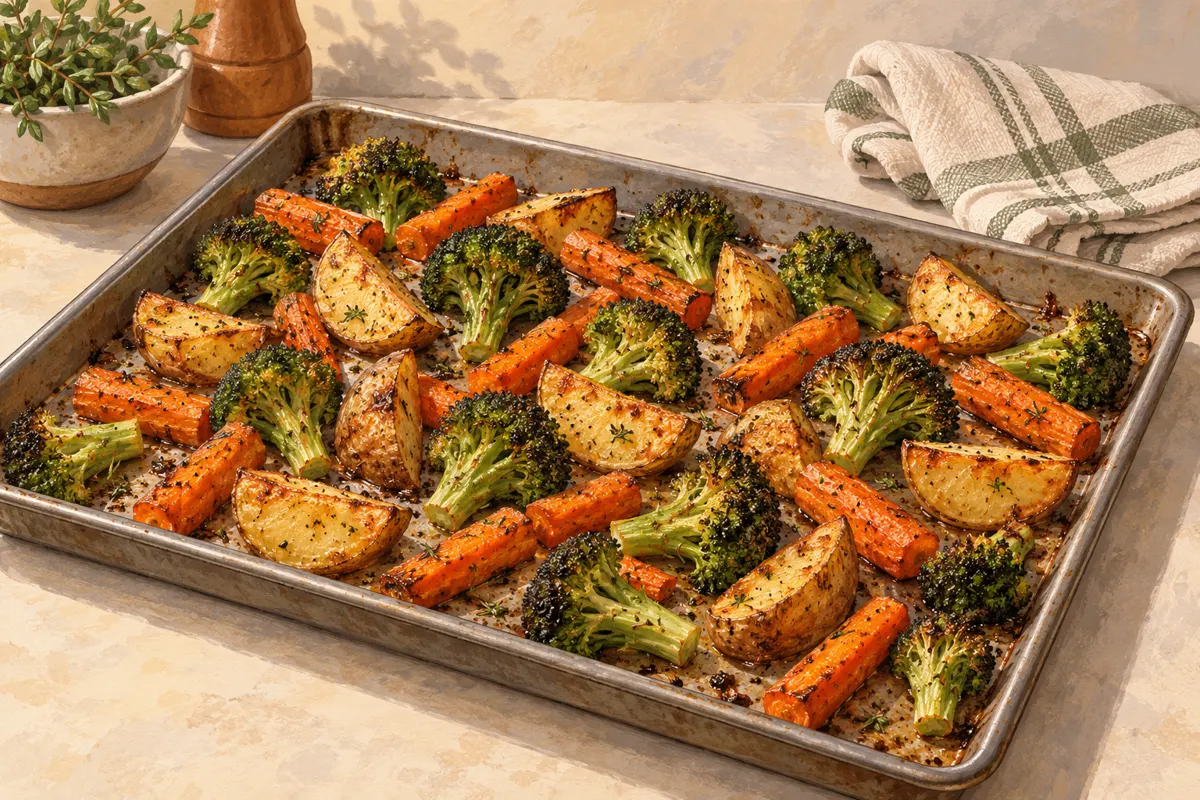 Illustration of browned vegetables spaced in a single layer on a shallow baking sheet