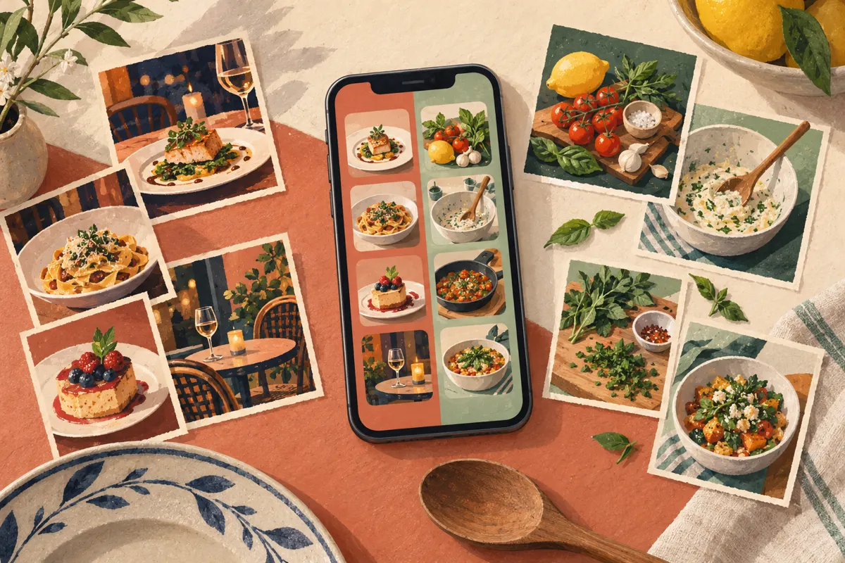 Illustration of restaurant and recipe images organized into two groups on a phone.