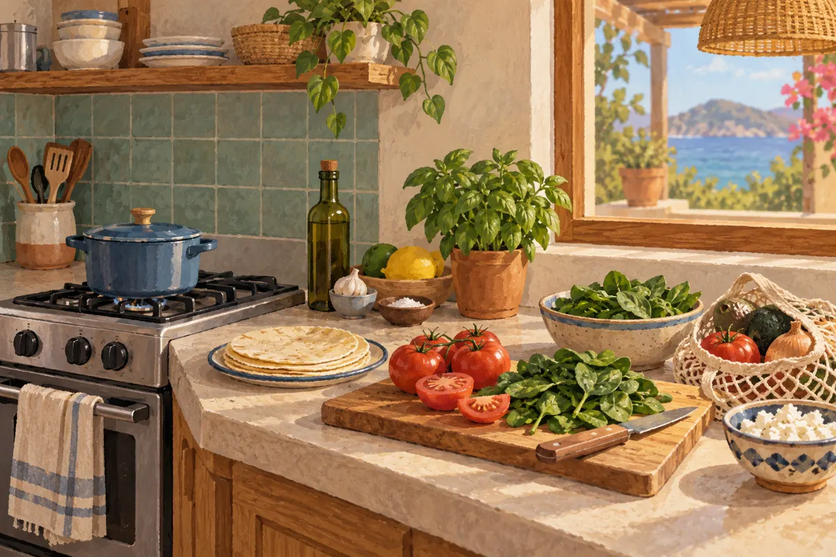 Illustration of a small vacation rental kitchen arranged for simple meals with shared ingredients.