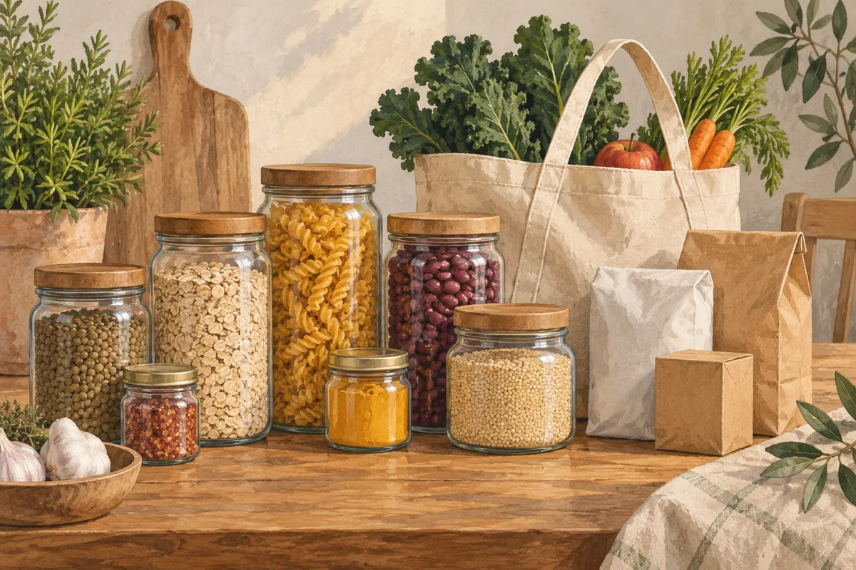 Illustration of rice, oats, and pasta in reusable jars beside a shopping bag and plain packages.