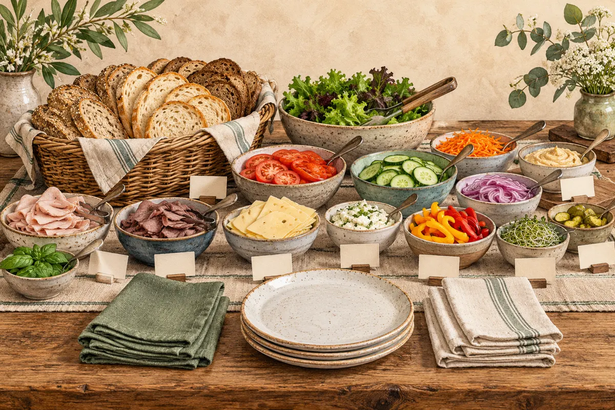 Illustrated sandwich station with bread, fillings, vegetables, and separate serving utensils.